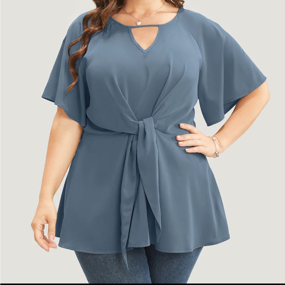 Plain Keyhole Knotted Front Ruffle Sleeve Blouse
